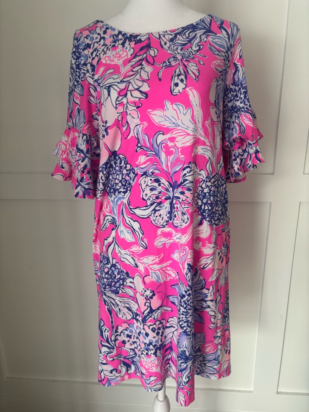 Lilly Pulitzer Lulu dress Hot Pink Floral Ruffle-Sleeve Midi Dress pink tropics - Picture 7 of 8